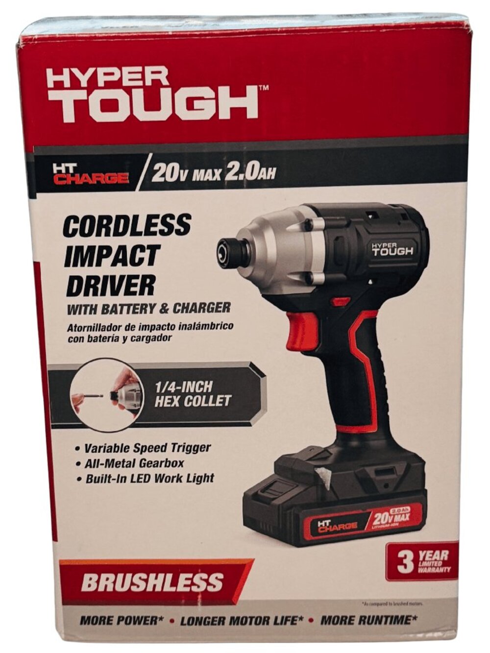 Hyper Tough 20V Brushless Impact Driver 2.0Ah Battery Charger 1/4" Hex 22006.2